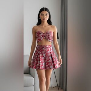 Upcycled AKIRA red Floral brocade two piece Skirt set size S